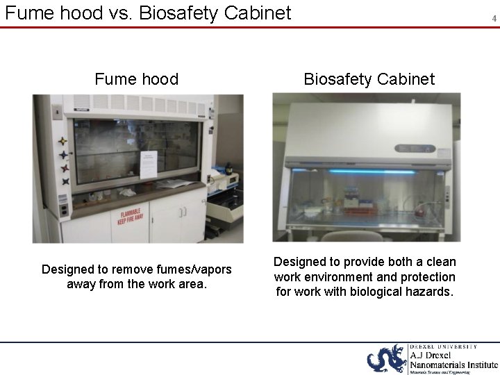 Fume hood vs. Biosafety Cabinet Fume hood Designed to remove fumes/vapors away from the