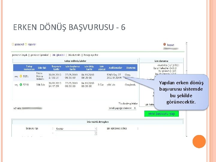 ERKEN DÖNÜŞ BAŞVURUSU - 6 Yapılan erken dönüş başvurusu sistemde bu şekilde görünecektir. 