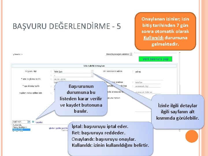 BAŞVURU DEĞERLENDİRME - 5 Onaylanan izinler; izin bitiş tarihinden 7 gün sonra otomatik olarak