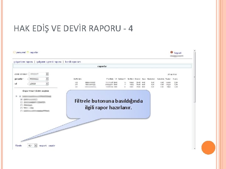 HAK EDİŞ VE DEVİR RAPORU - 4 Filtrele butonuna basıldığında ilgili rapor hazırlanır. 