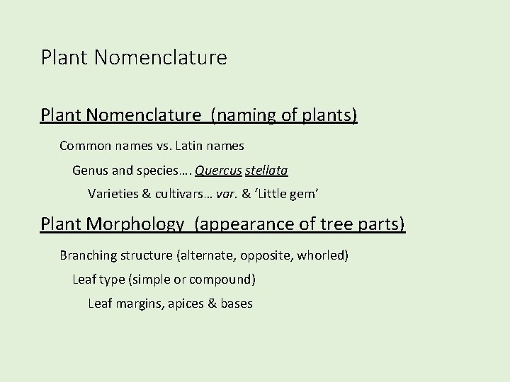 Plant Nomenclature (naming of plants) Common names vs. Latin names Genus and species…. Quercus