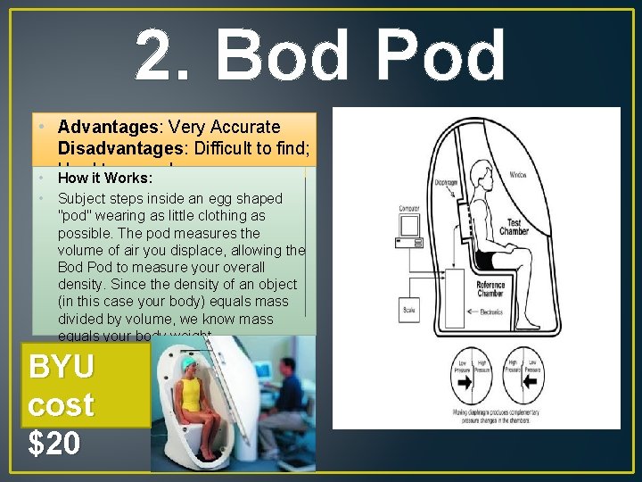 2. Bod Pod • Advantages: Very Accurate Disadvantages: Difficult to find; • Hard to