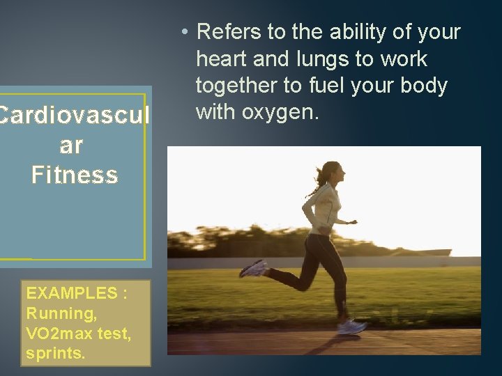 Cardiovascul ar Fitness EXAMPLES : Running, VO 2 max test, sprints. • Refers to