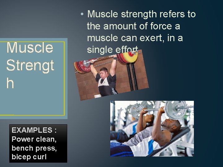 Muscle Strengt h EXAMPLES : Power clean, bench press, bicep curl • Muscle strength