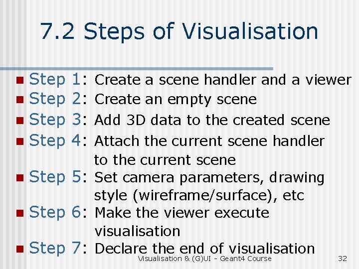 7. 2 Steps of Visualisation Step n 1: 2: 3: 4: Create a scene