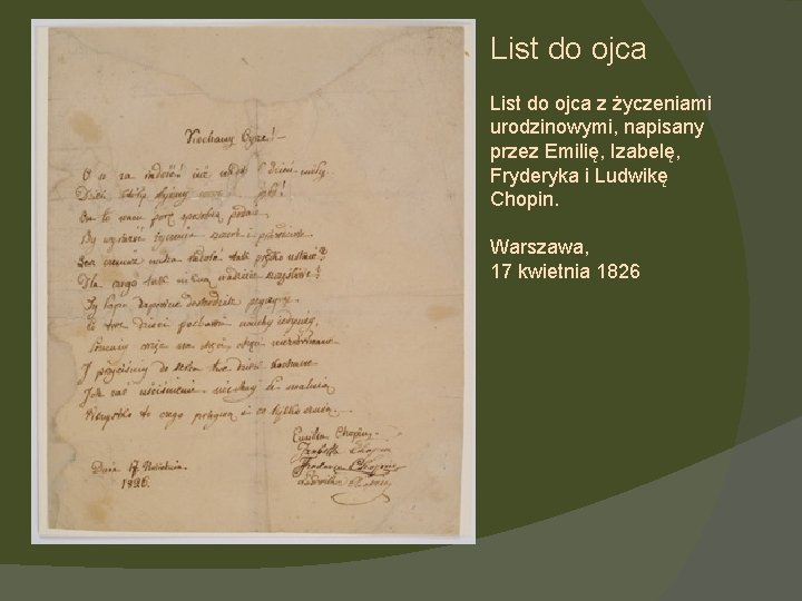 List do ojca z życzeniami urodzinowymi, napisany przez Emilię, Izabelę, Fryderyka i Ludwikę Chopin.