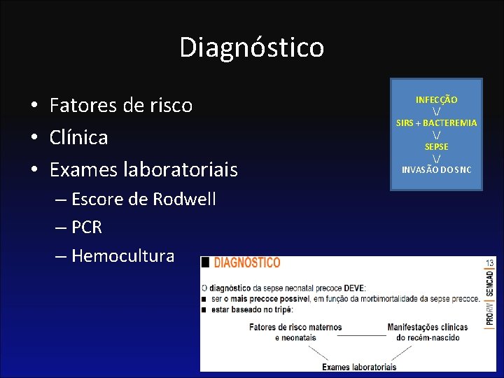 Diagnóstico • Fatores de risco • Clínica • Exames laboratoriais – Escore de Rodwell