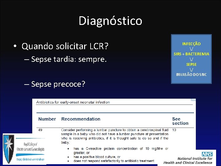 Diagnóstico • Quando solicitar LCR? – Sepse tardia: sempre. – Sepse precoce? INFECÇÃO /