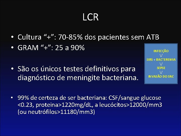 LCR • Cultura “+”: 70 -85% dos pacientes sem ATB • GRAM “+”: 25