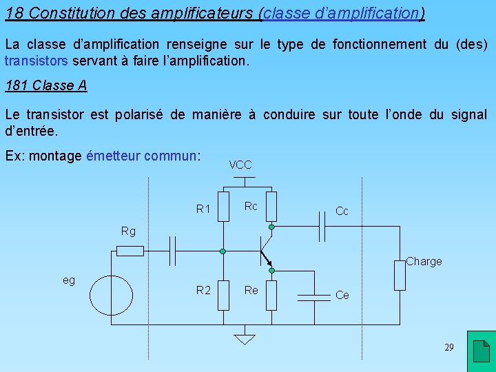 18 Constitution des amplificateurs (classe d’amplification) La classe d’amplification renseigne sur le type de