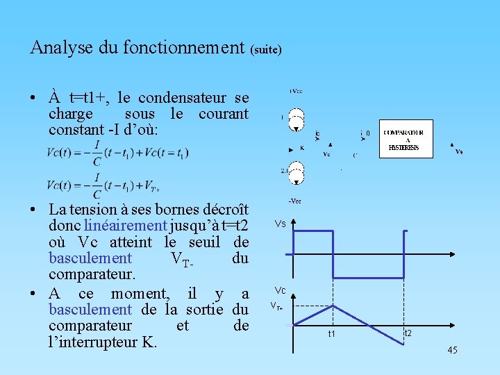 Analyse du fonctionnement (suite) • À t=t 1+, le condensateur se charge sous le