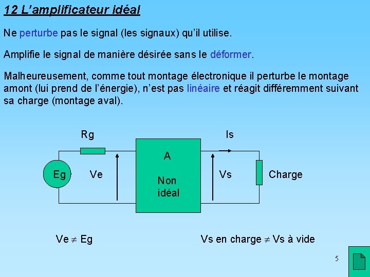 12 L’amplificateur idéal Ne perturbe pas le signal (les signaux) qu’il utilise. Amplifie le