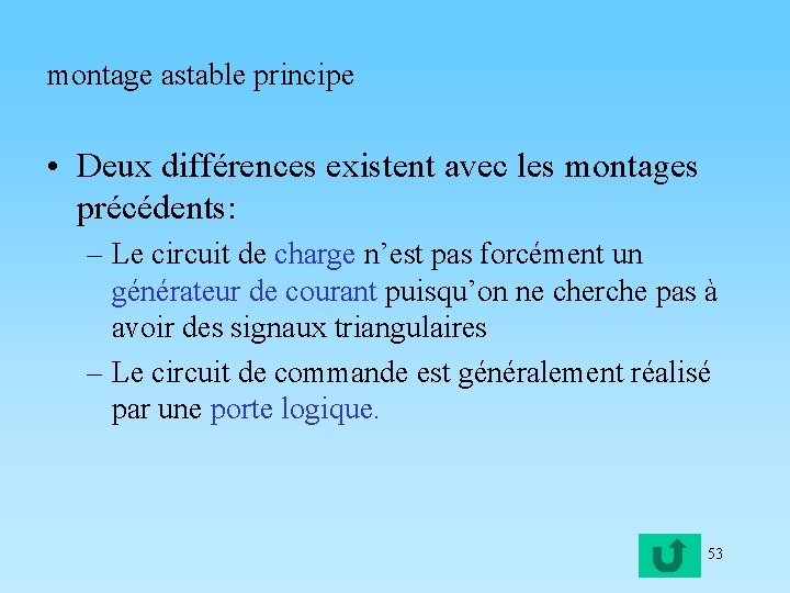 montage astable principe • Deux différences existent avec les montages précédents: – Le circuit