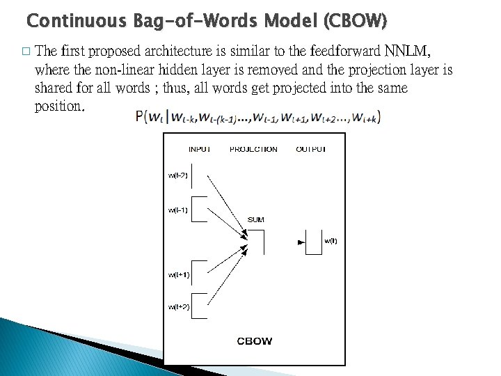 Continuous Bag-of-Words Model (CBOW) � The first proposed architecture is similar to the feedforward