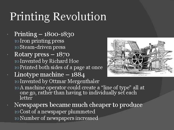 Printing Revolution Printing – 1800 -1830 Iron printing press Steam-driven press Rotary press –