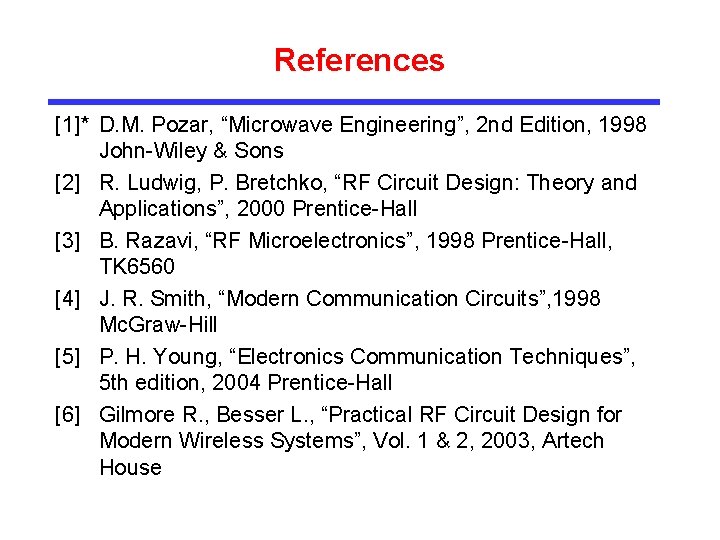 References [1]* D. M. Pozar, “Microwave Engineering”, 2 nd Edition, 1998 John-Wiley & Sons