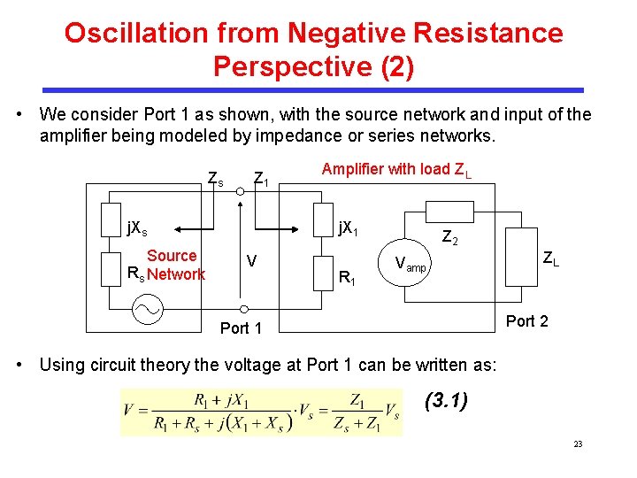 Oscillation from Negative Resistance Perspective (2) • We consider Port 1 as shown, with