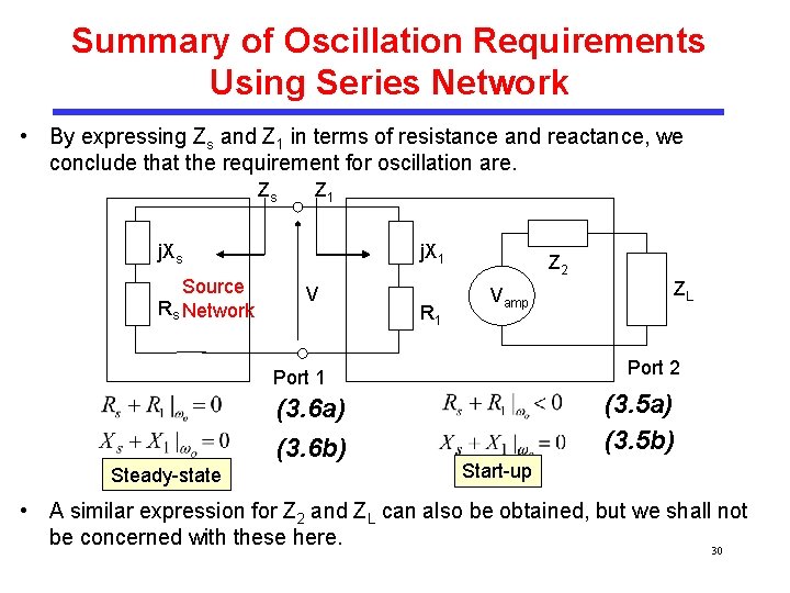 Summary of Oscillation Requirements Using Series Network • By expressing Zs and Z 1