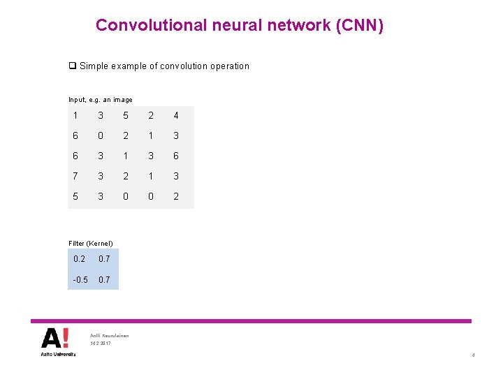 Convolutional neural network (CNN) q Simple example of convolution operation Input, e. g. an