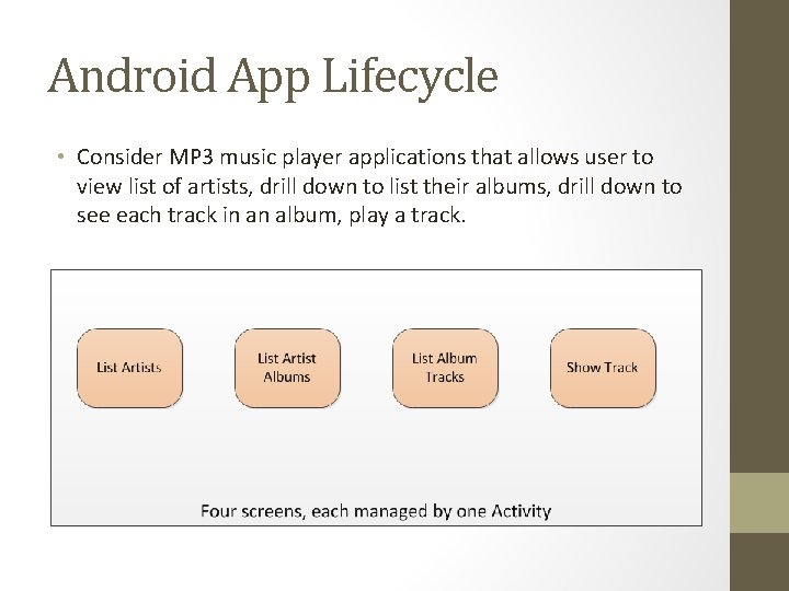 Android App Lifecycle • Consider MP 3 music player applications that allows user to