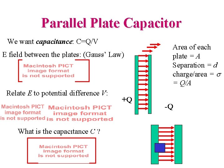 Parallel Plate Capacitor We want capacitance: C=Q/V E field between the plates: (Gauss’ Law)