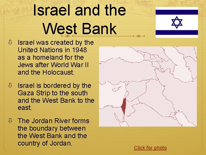 Israel and the West Bank Israel was created by the United Nations in 1948