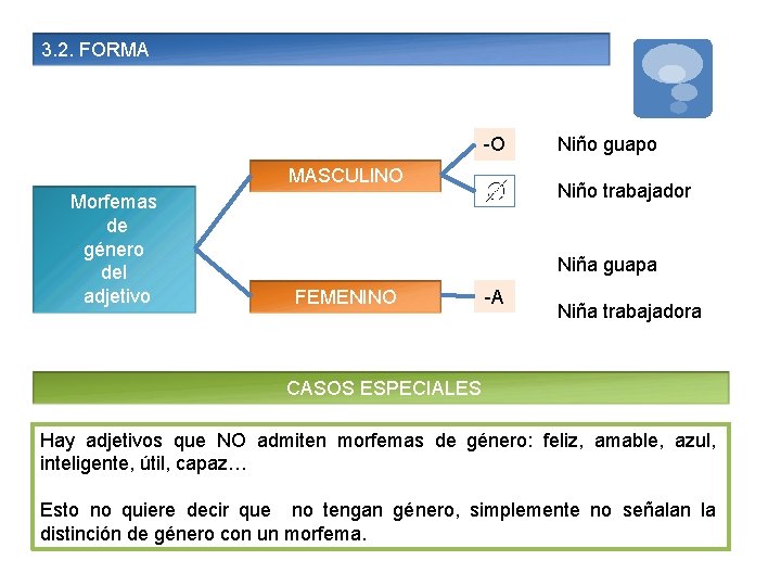 3. 2. FORMA -O MASCULINO Morfemas de género del adjetivo Niño guapo Niño trabajador