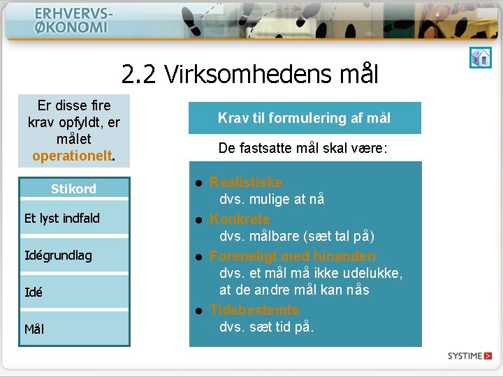 2. 2 Virksomhedens mål Er disse fire krav opfyldt, er målet operationelt. Krav til