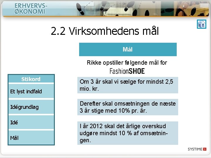 2. 2 Virksomhedens mål Mål Rikke opstiller følgende mål for Stikord Den gode idé