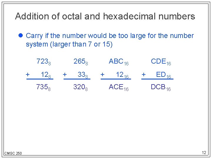 Addition of octal and hexadecimal numbers Carry if the number would be too large