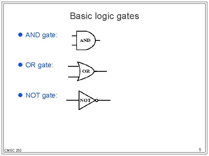 Basic logic gates AND gate: OR gate: NOT gate: CMSC 250 5 