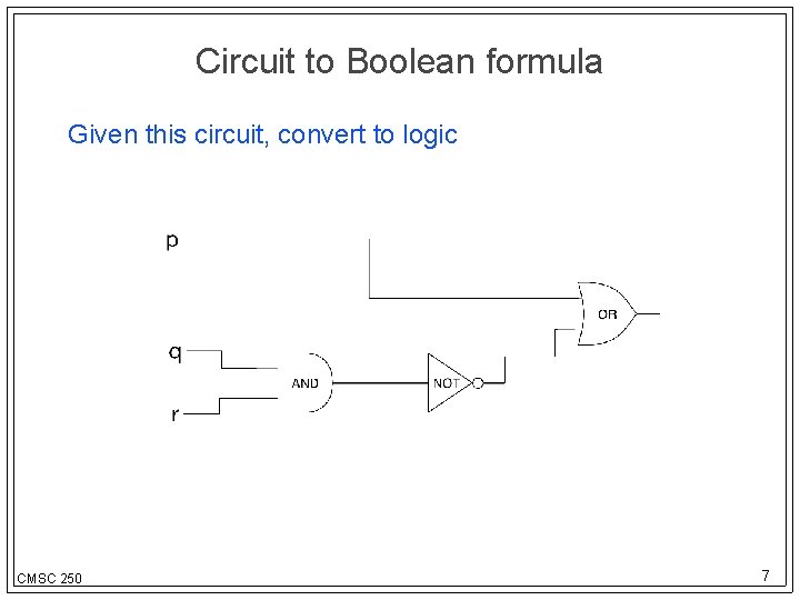 Circuit to Boolean formula Given this circuit, convert to logic CMSC 250 7 