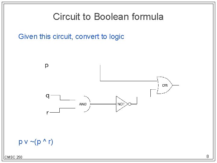 Circuit to Boolean formula Given this circuit, convert to logic p v ~(p ^