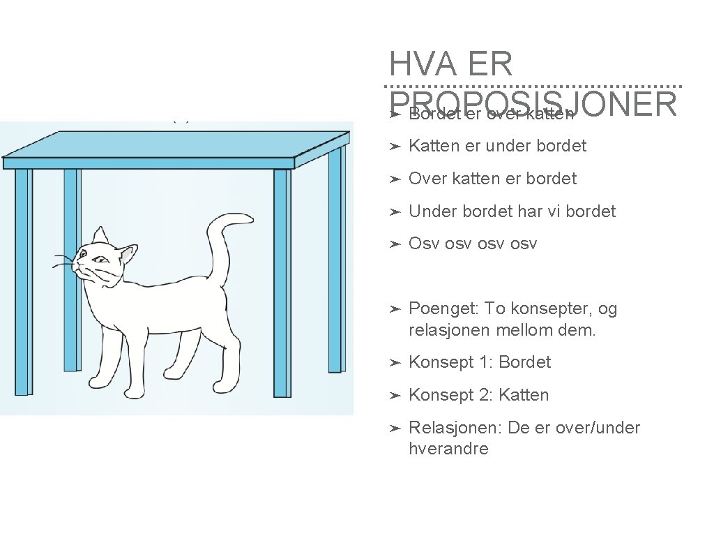 HVA ER PROPOSISJONER ➤ Bordet er over katten ➤ Katten er under bordet ➤