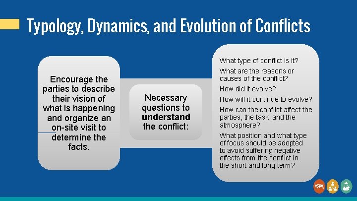 Typology, Dynamics, and Evolution of Conflicts What type of conflict is it? Encourage the