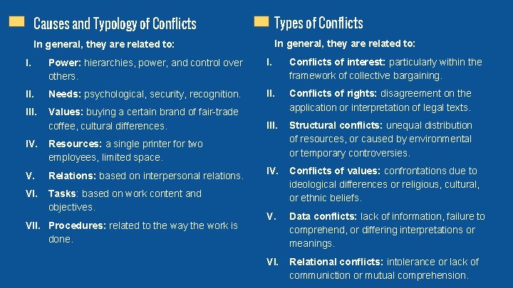 Causes and Typology of Conflicts Types of Conflicts In general, they are related to: