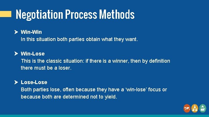 Negotiation Process Methods Win-Win In this situation both parties obtain what they want. Win-Lose