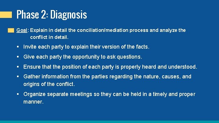 Phase 2: Diagnosis Goal: Explain in detail the conciliation/mediation process and analyze the conflict