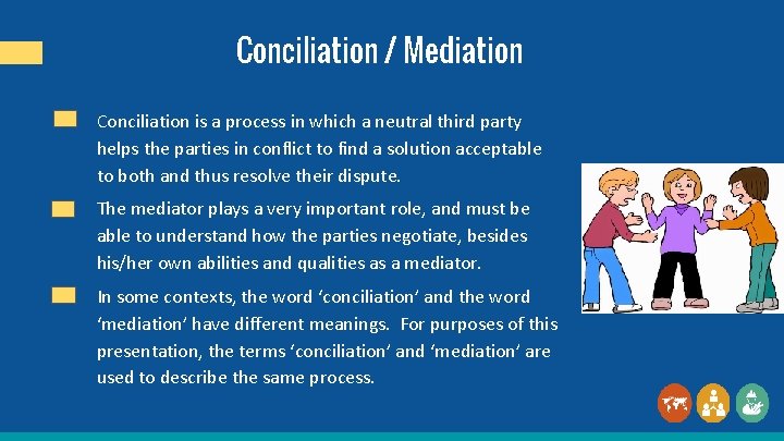 Conciliation / Mediation Conciliation is a process in which a neutral third party helps