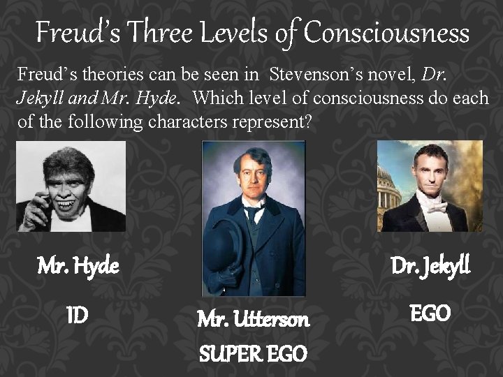 Freud’s Three Levels of Consciousness Freud’s theories can be seen in Stevenson’s novel, Dr.