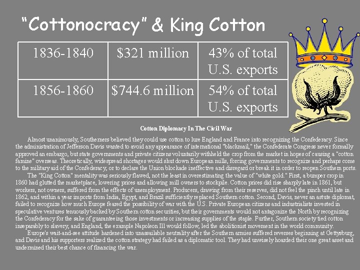 “Cottonocracy” & King Cotton 1836 -1840 $321 million 1856 -1860 $744. 6 million 43%