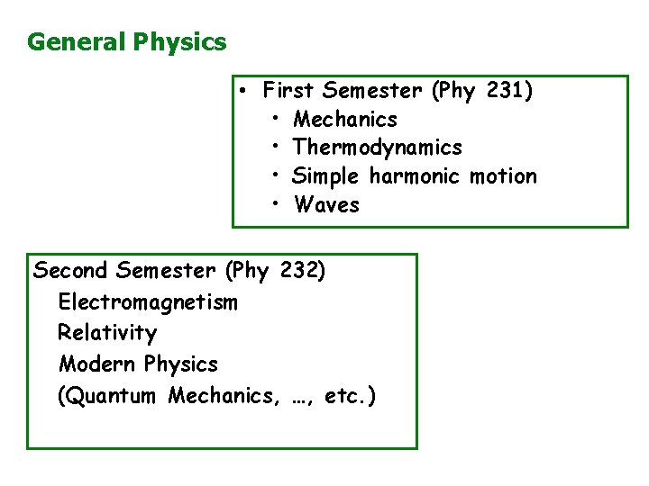 General Physics • First Semester (Phy 231) • Mechanics • Thermodynamics • Simple harmonic