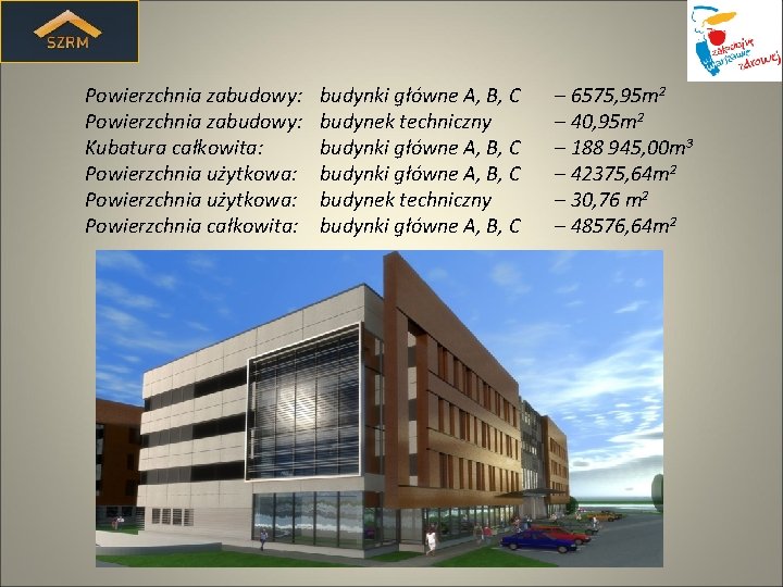 Powierzchnia zabudowy: Kubatura całkowita: Powierzchnia użytkowa: Powierzchnia całkowita: budynki główne A, B, C budynek