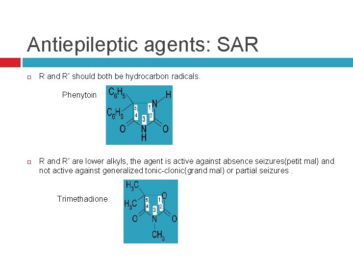 Antiepileptic agents: SAR R and R’ should both be hydrocarbon radicals. Phenytoin R and