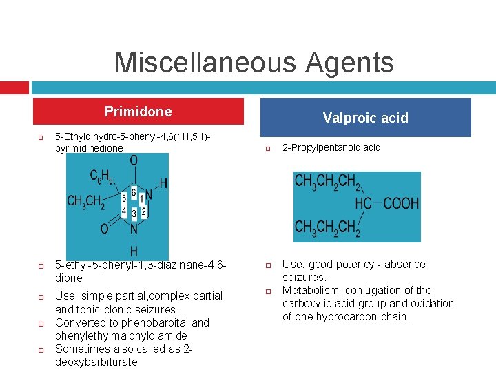 Miscellaneous Agents Primidone 5 -Ethyldihydro-5 -phenyl-4, 6(1 H, 5 H)pyrimidinedione Valproic acid 5 -ethyl-5