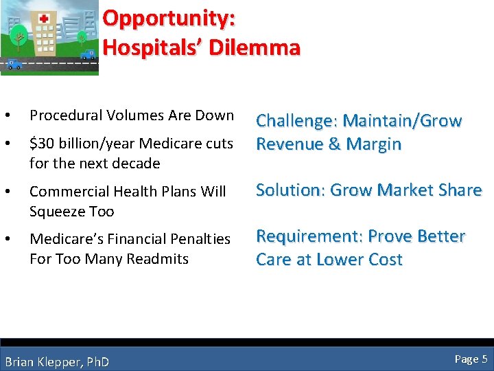 Opportunity: Hospitals’ Dilemma • Procedural Volumes Are Down Challenge: Maintain/Grow • $30 billion/year Medicare