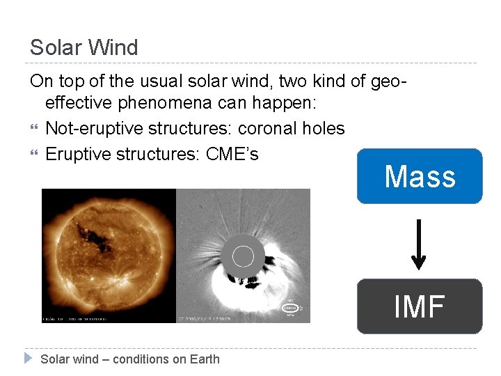Solar Wind On top of the usual solar wind, two kind of geoeffective phenomena