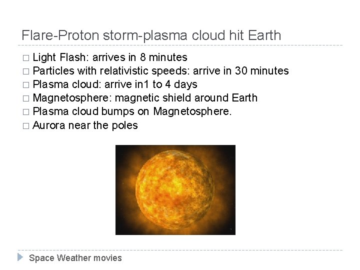 Flare-Proton storm-plasma cloud hit Earth � Light Flash: arrives in 8 minutes � Particles