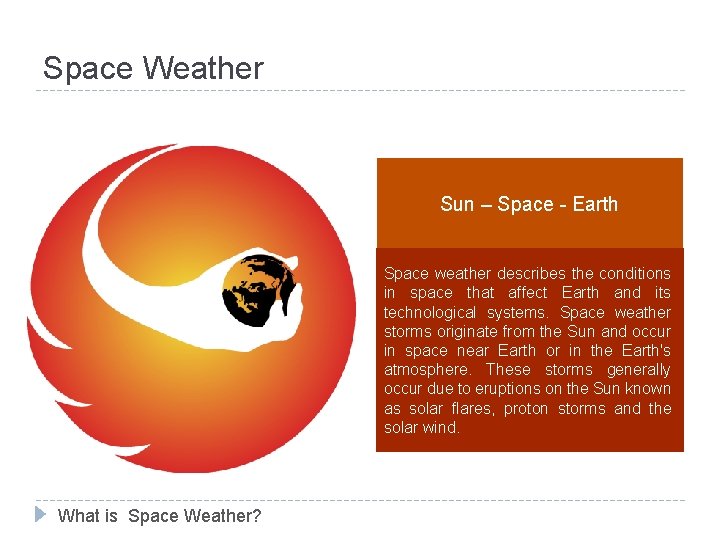 Space Weather Sun – Space - Earth Space weather describes the conditions in space