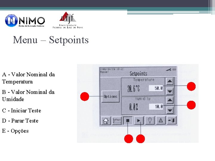 Menu – Setpoints A - Valor Nominal da Temperatura B - Valor Nominal da